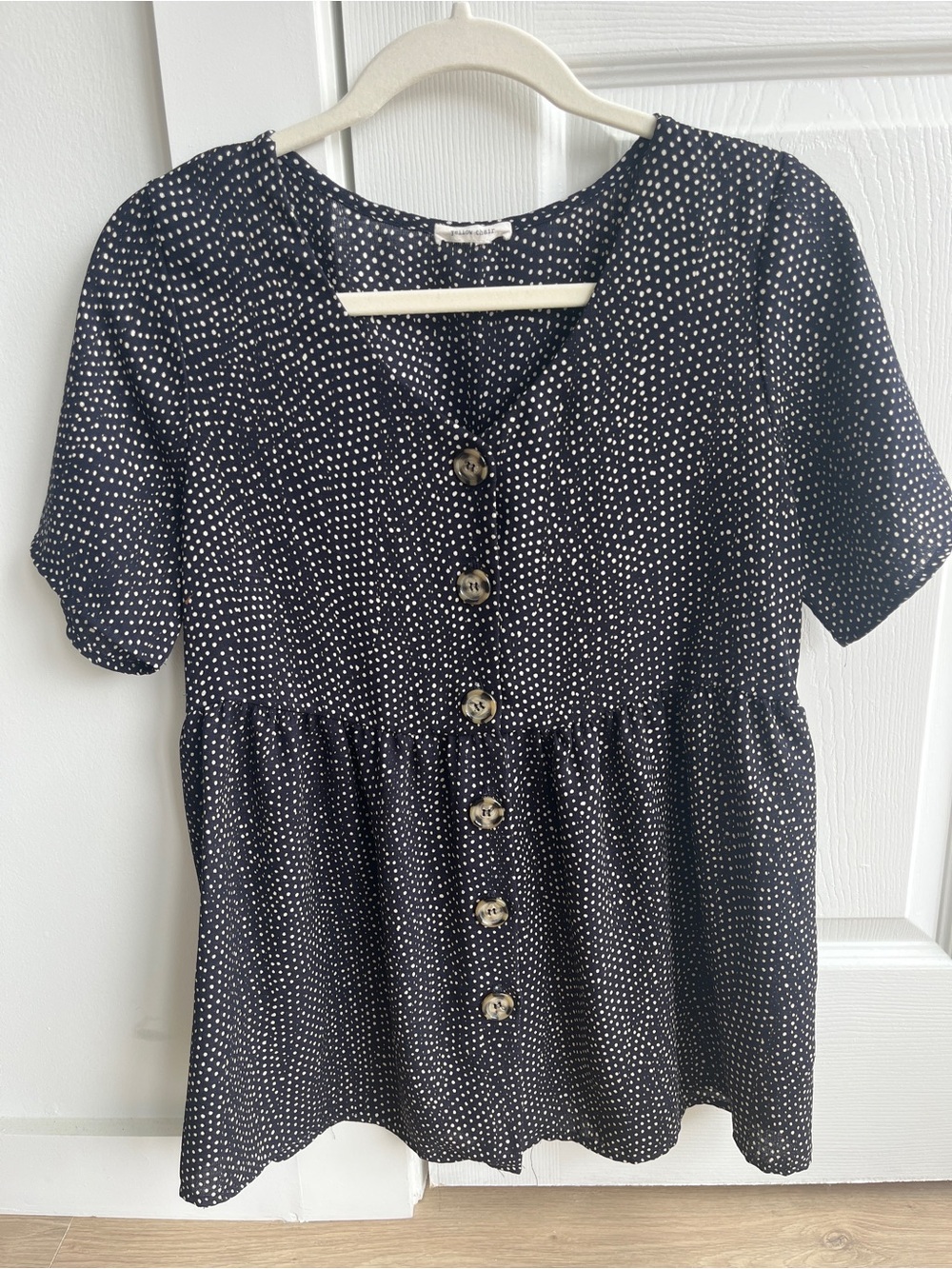 bohme Black Polka Dot Button-Front Short Sleeve Peplum Top
